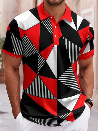 2D Flat Printing Men's Geometric Color Block Polo Shirt