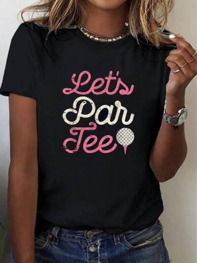 Women's Funny T-Shirt - Let's Par Tee Pink Lettering & Ball Design