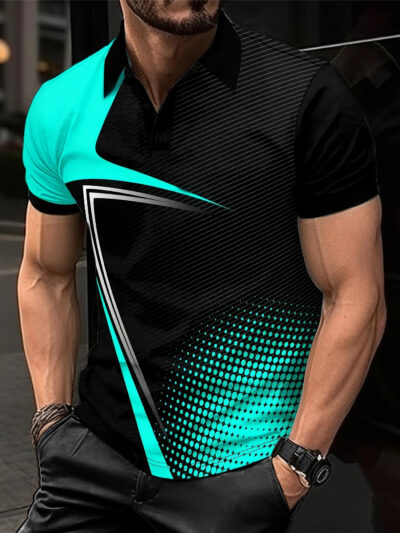 Men's Color Block Short Sleeve Turn- Collar Golf Shirt, Casual Style Slightly Stretchy Regular Fit Summer Top, Summer Golf Shirt