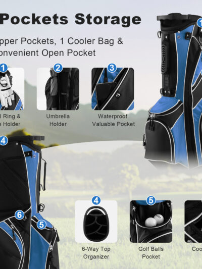 MULTIGOT Lightweight Golf Stand Carry Bag W/6 Way Top Dividers & 8 Pockets Rain Hood Blue