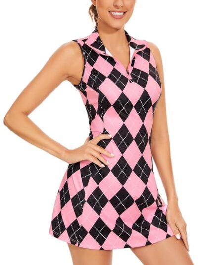 Women's Golf Dress, Geometric Print Zipper Quick-drying Sleeveless Pocket