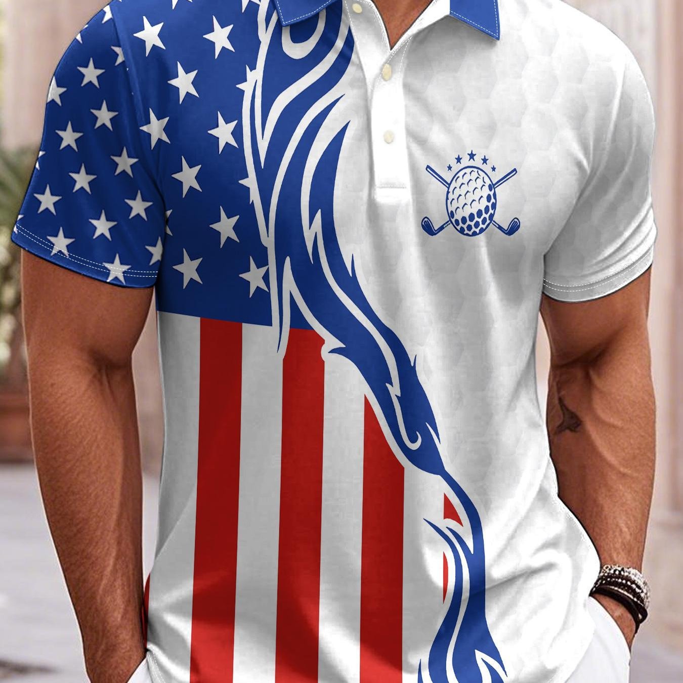 2D Flat Printing Men's Breathable Golf Shirt with American Flag and Golf Logo Print - Image 6