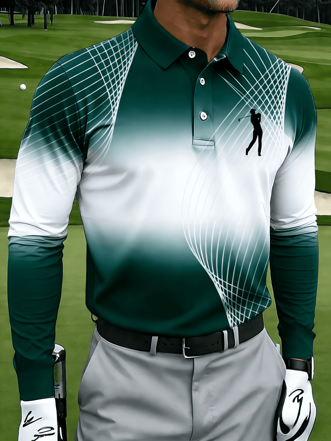 Men's Casual Long-sleeve, with Mesh Lines and Golf Pattern Prints - Image 4