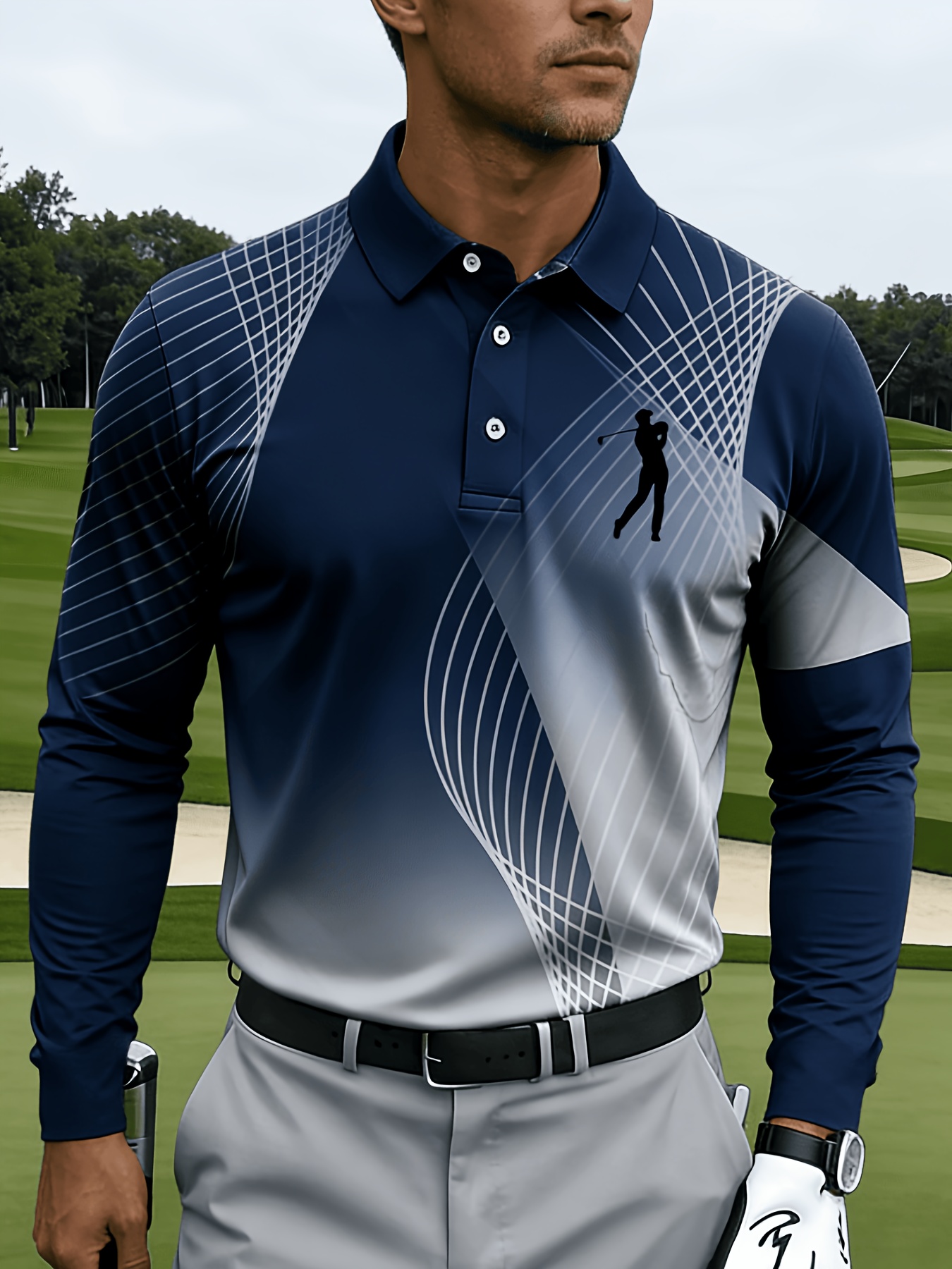 Men's Casual Long-sleeve, with Mesh Lines and Golf Pattern Prints - Image 10