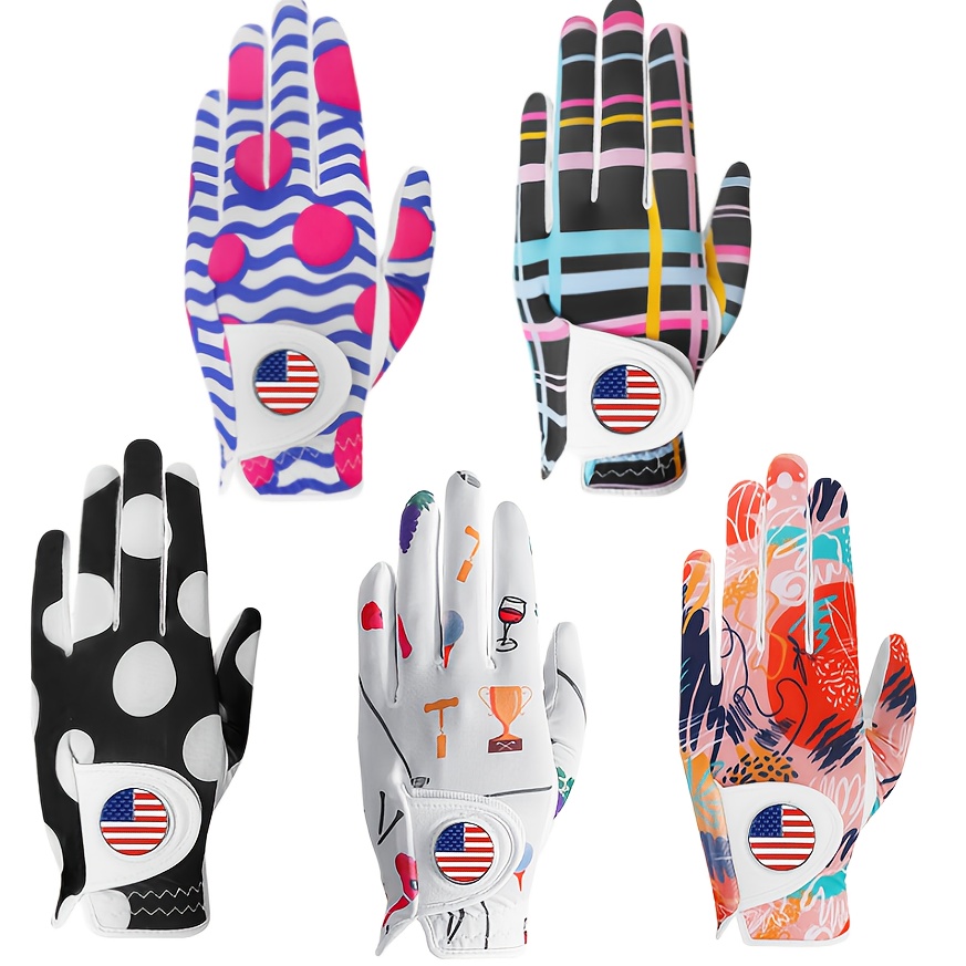 GKANDI Stylish Women's Golf Gloves Value 5Pack Left Hand With USA Flag Ball Marker