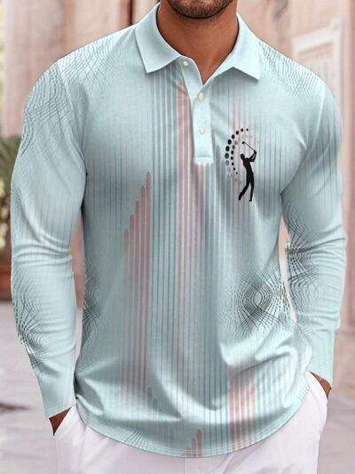 Stylish Long-Sleeve Polo Shirt for Men Featuring Printed Stripes And Golf Designs