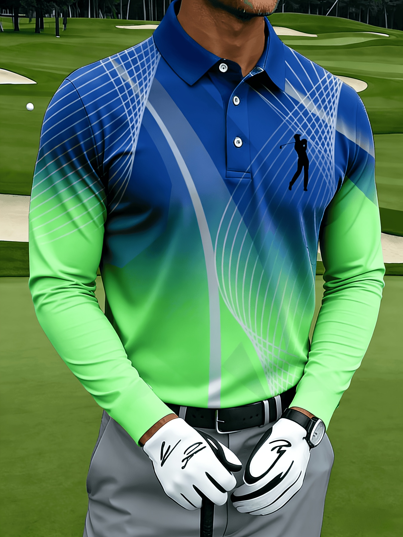 Men's Casual Long-sleeve, with Mesh Lines and Golf Pattern Prints - Image 3