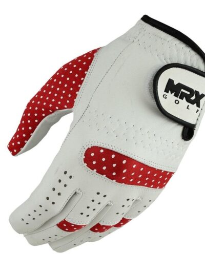MRX Women Golf Glove Left Handed Golf Gloves Sweat Resistant Soft Cabretta Leather Regular Fit Women Golfer Gloves White Red