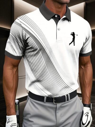 Men's Golf Shirt - Gray & White Contrast with Golfer Graphic