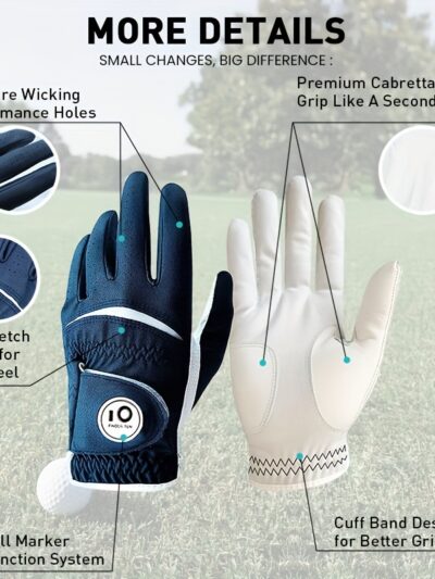 FINGER TEN Golf Gloves Men 2pcs with Ball Marker, Colorful & All Weather Grip Gloves for Serious Performance