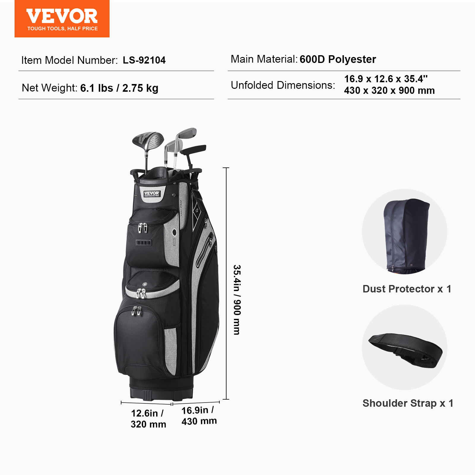 VEVOR Golf Cart Bag with 14 Way Organizer Divider Top, 36” 13 Pockets Premium Cart Bag - Image 2