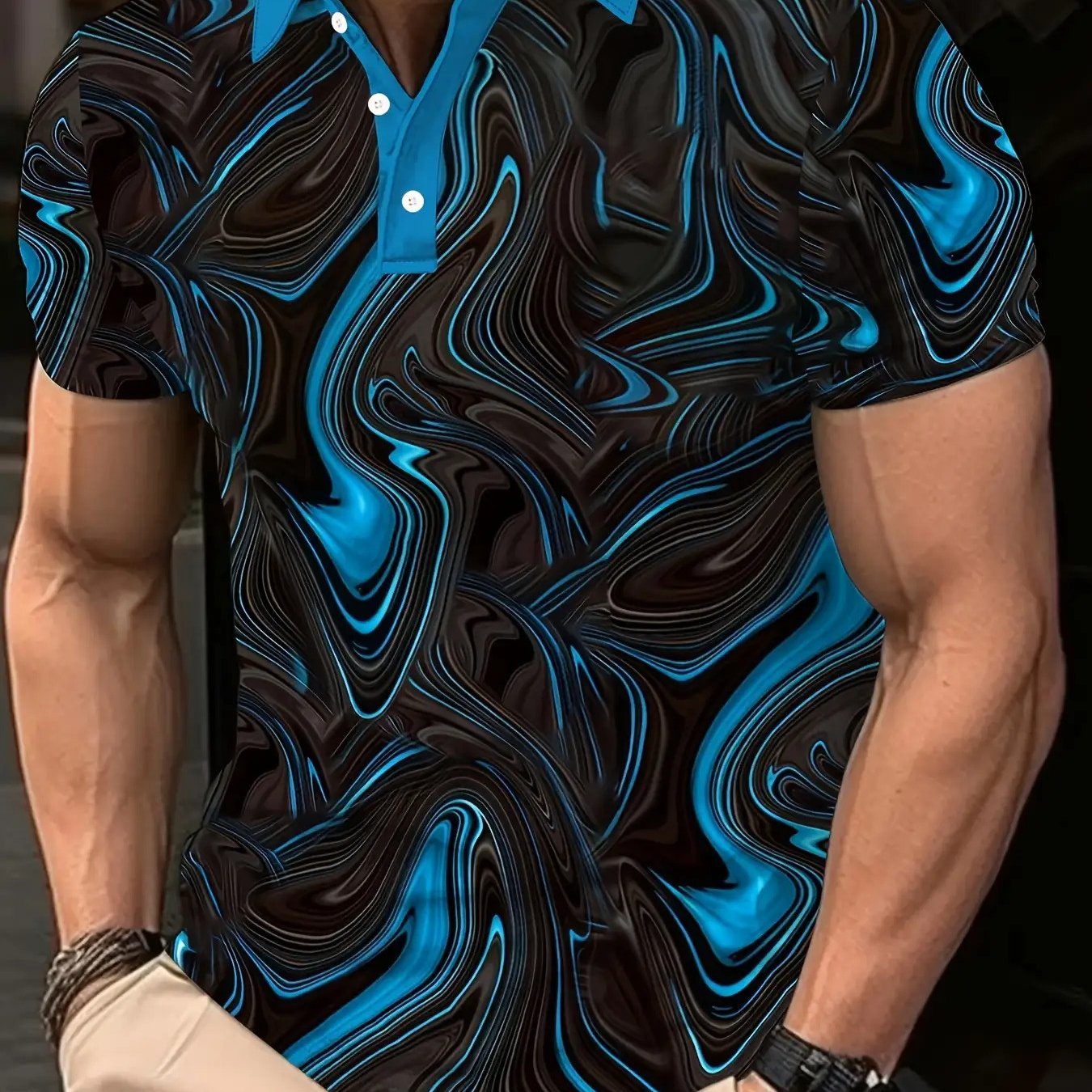 Men's Slim-Fit Short Sleeve Shirt with Black & Blue Swirl Print - Image 6