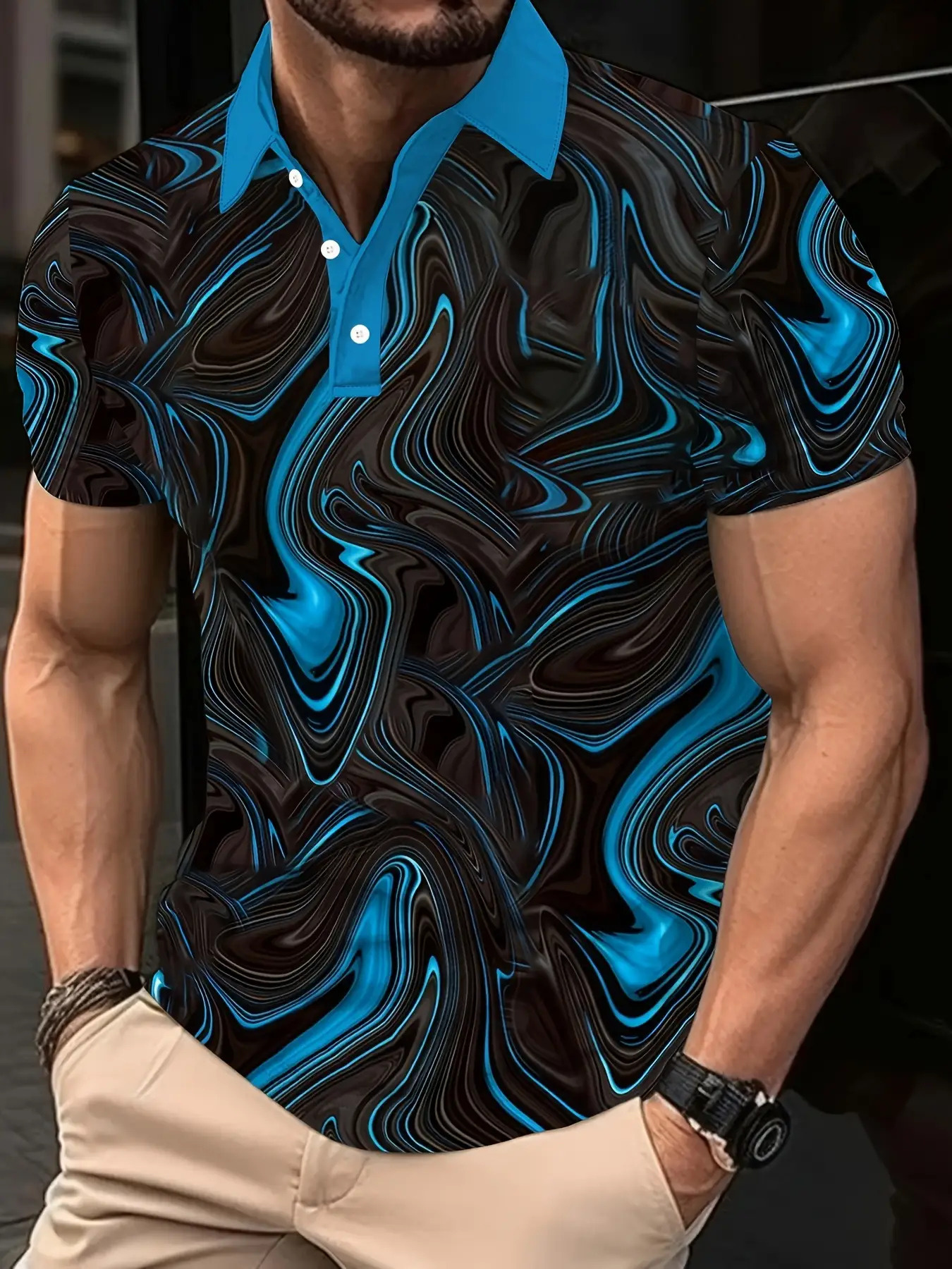 Men's Slim-Fit Short Sleeve Shirt with Black & Blue Swirl Print