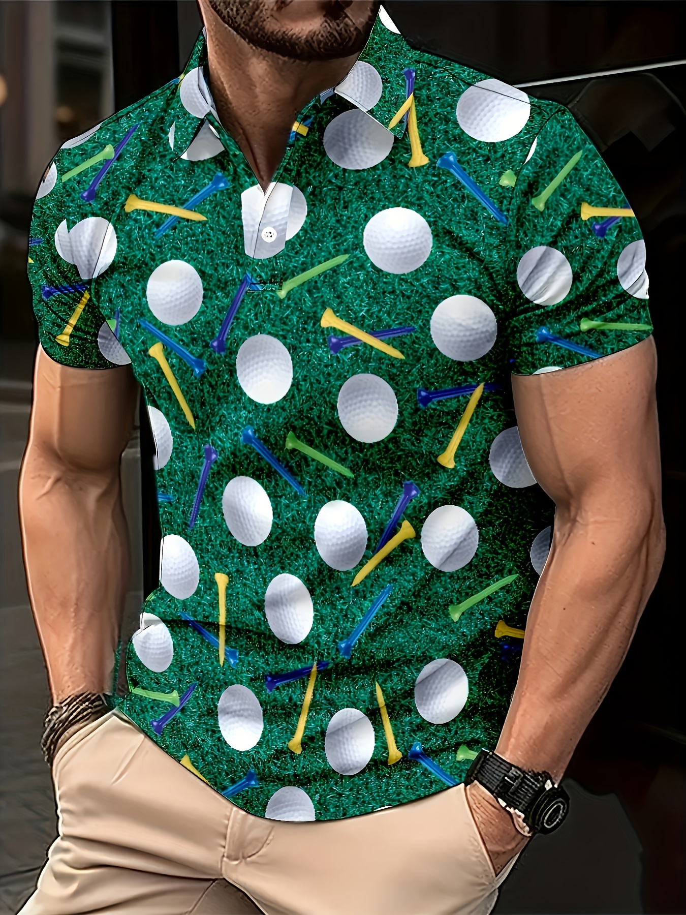 Men's Plus Size 2D Flat Golf Print Shirt Button