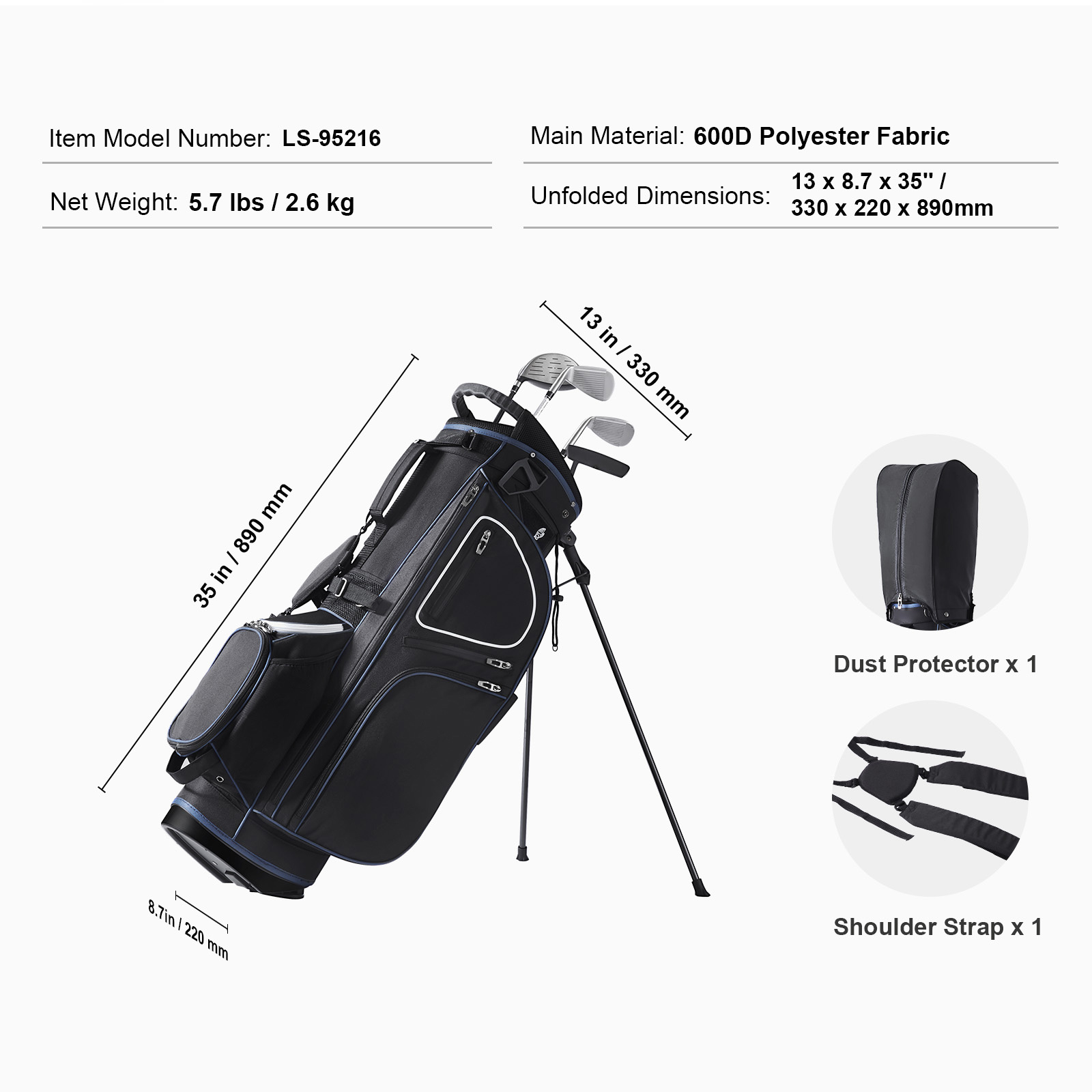 VEVOR 35” Golf Cart Bag with 14 Way Organizer Divider Top 11 Pockets Black White - Image 7