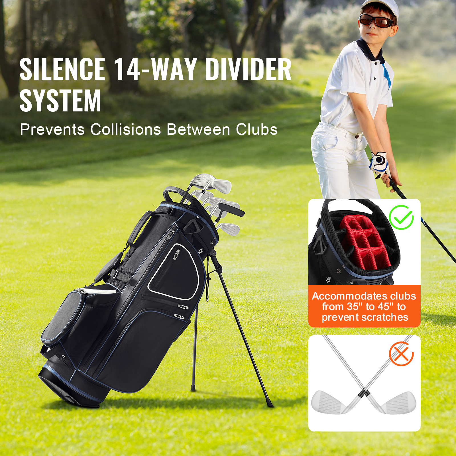 VEVOR 35” Golf Cart Bag with 14 Way Organizer Divider Top 11 Pockets Black White