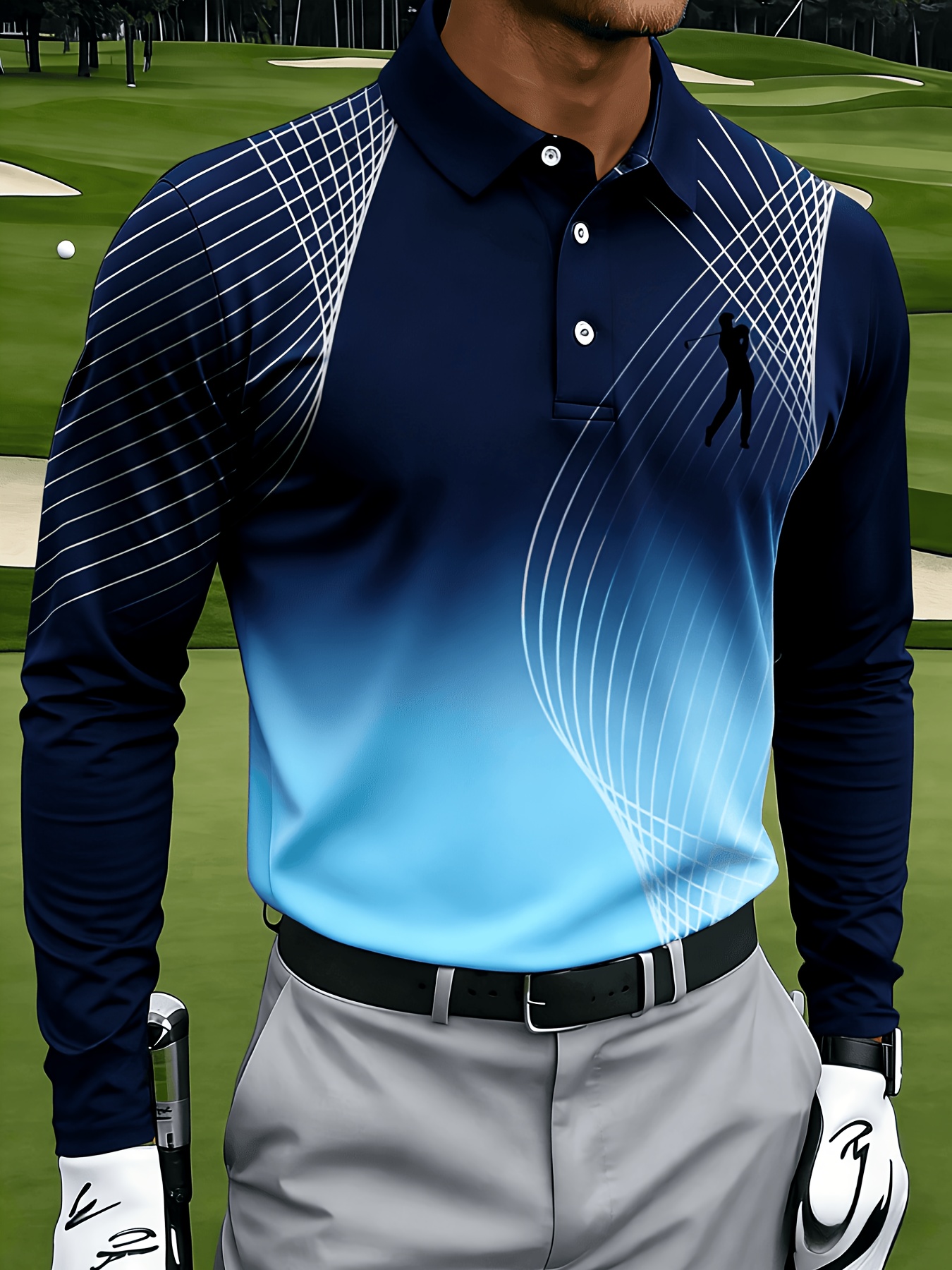 Men's Casual Long-sleeve, with Mesh Lines and Golf Pattern Prints - Image 8
