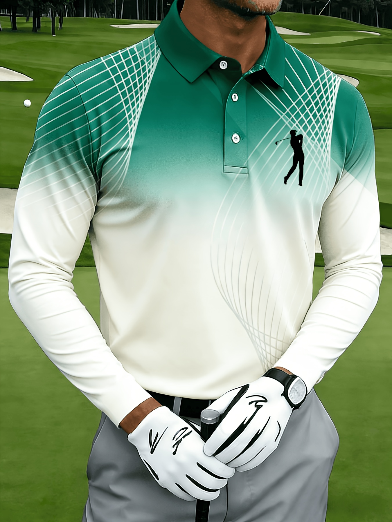 Men's Casual Long-sleeve, with Mesh Lines and Golf Pattern Prints - Image 5