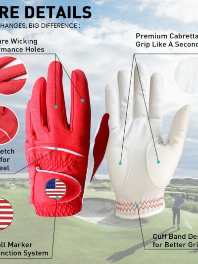 2-Pack FINGER TEN Men's Left-Hand PU Golf Gloves with Ball Marker