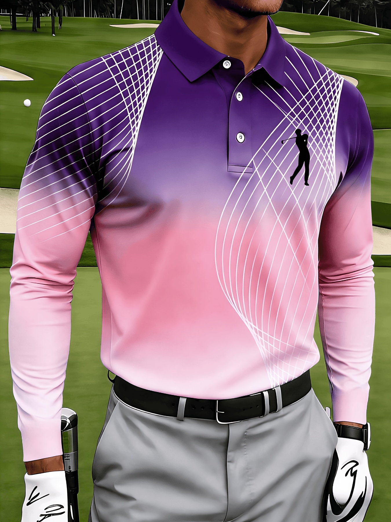 Men's Casual Long-sleeve, with Mesh Lines and Golf Pattern Prints - Image 9