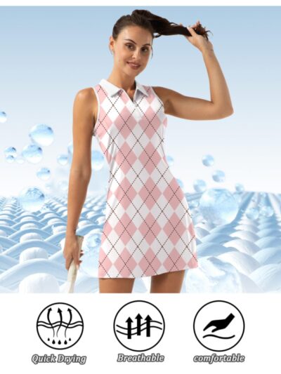 Women's Golf Dress, Classic Pink Plaid Geometric Print Zipper Quick-drying Sleeveless Pocket
