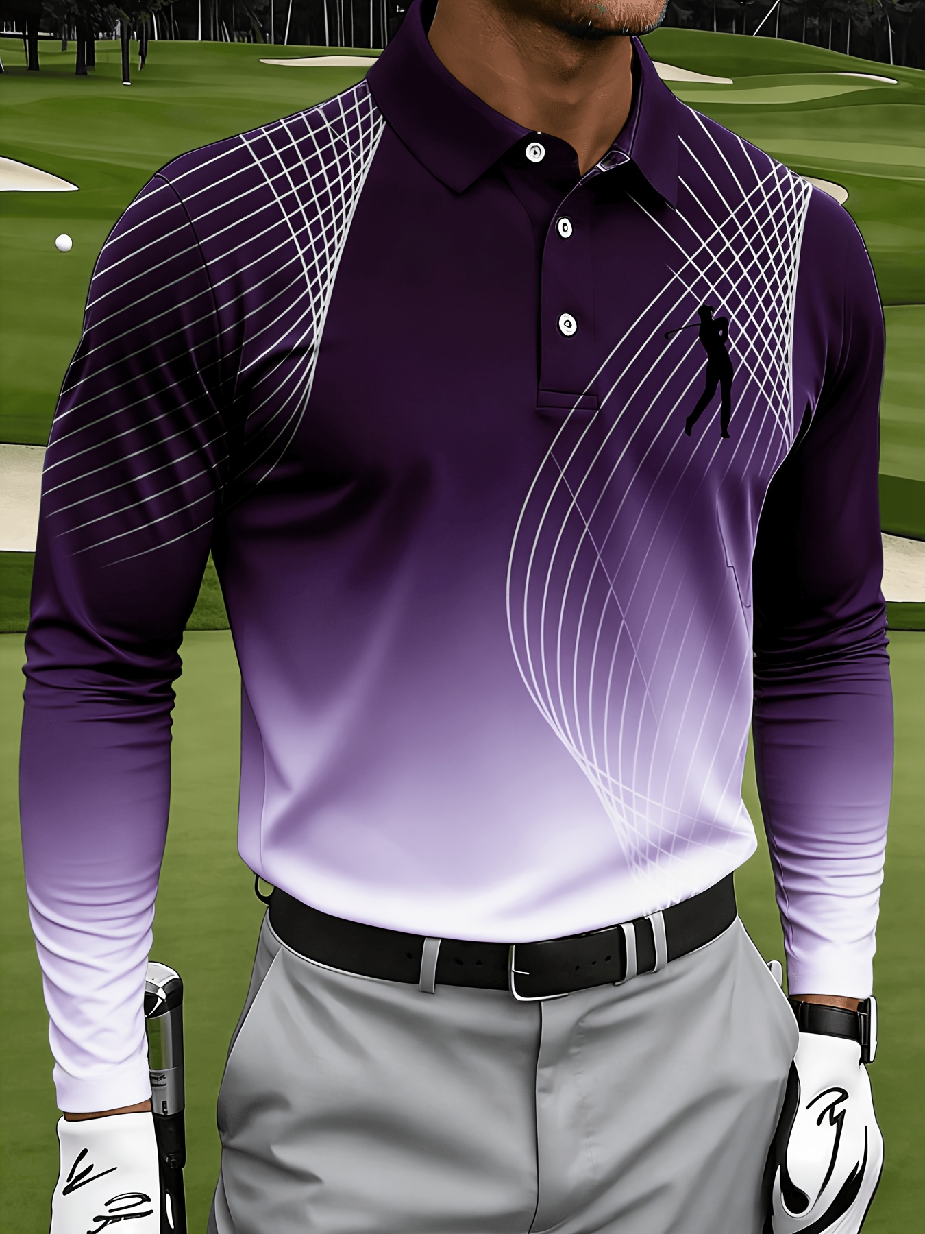 Men's Casual Long-sleeve, with Mesh Lines and Golf Pattern Prints - Image 11