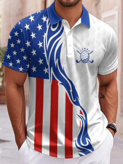 2D Flat Printing Men's Breathable Golf Shirt with American Flag and Golf Logo Print