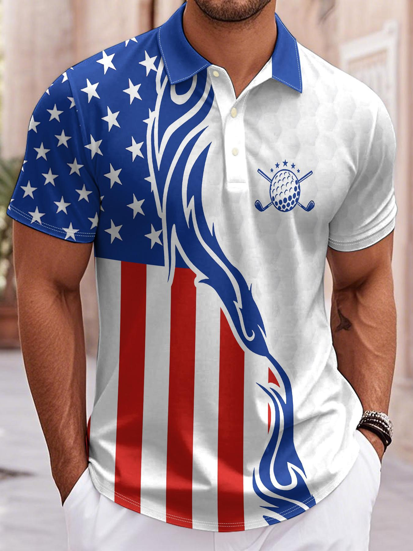 2D Flat Printing Men's Breathable Golf Shirt with American Flag and Golf Logo Print