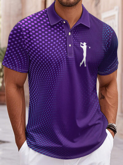 Men's Fashionable Gradient Color Polka Dot Golf Logo Pattern Printed Short-sleeved Sports Shirt, Light and Breathable, Suitable for Outdoor Wear