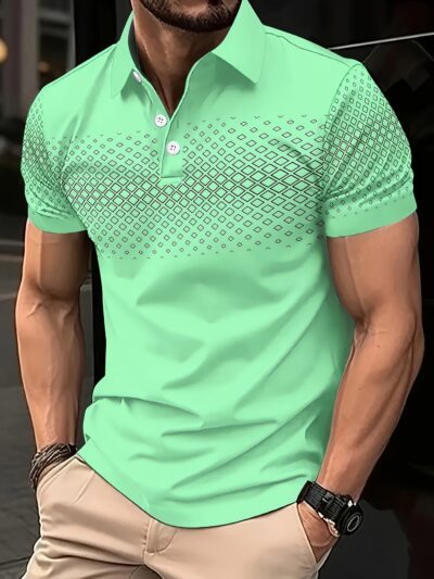 Men's Summer Short-sleeve Shirt With Geometric Prints, Casual Button- Collar, And Lightweight Polyester Fabric Suitable For Golf