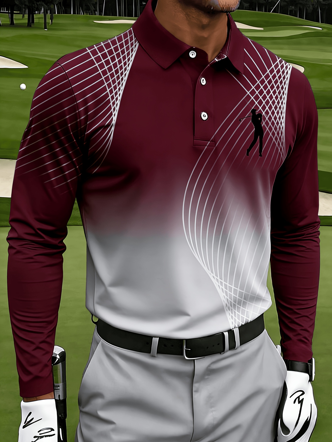 Men's Casual Long-sleeve, with Mesh Lines and Golf Pattern Prints - Image 7