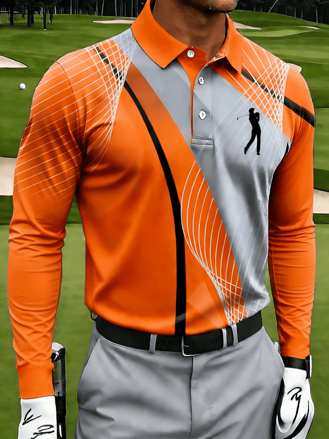 Men's Casual Long-sleeve, with Mesh Lines and Golf Pattern Prints