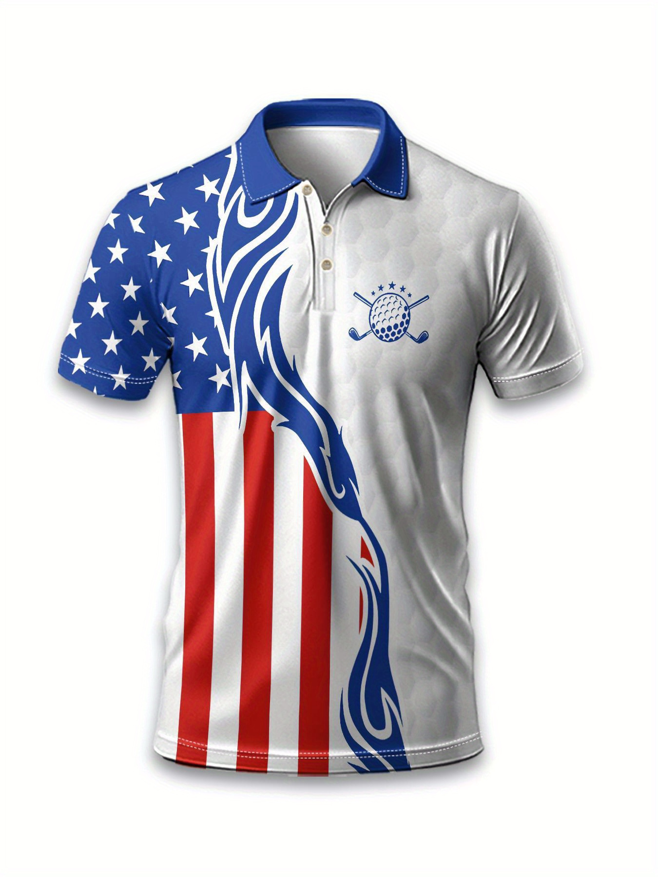 2D Flat Printing Men's Breathable Golf Shirt with American Flag and Golf Logo Print - Image 3