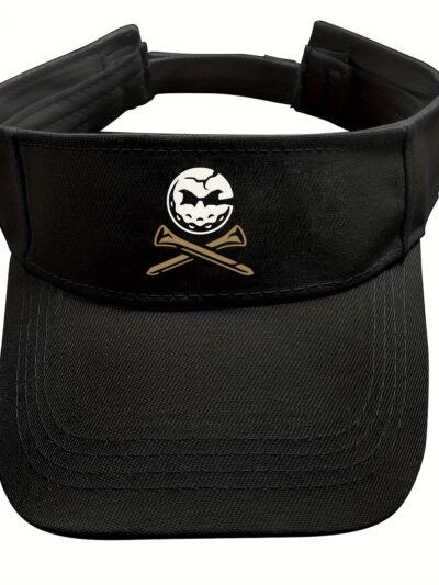 1pc Golf-Themed Black Visor Cap with Skull & Crossbones Design