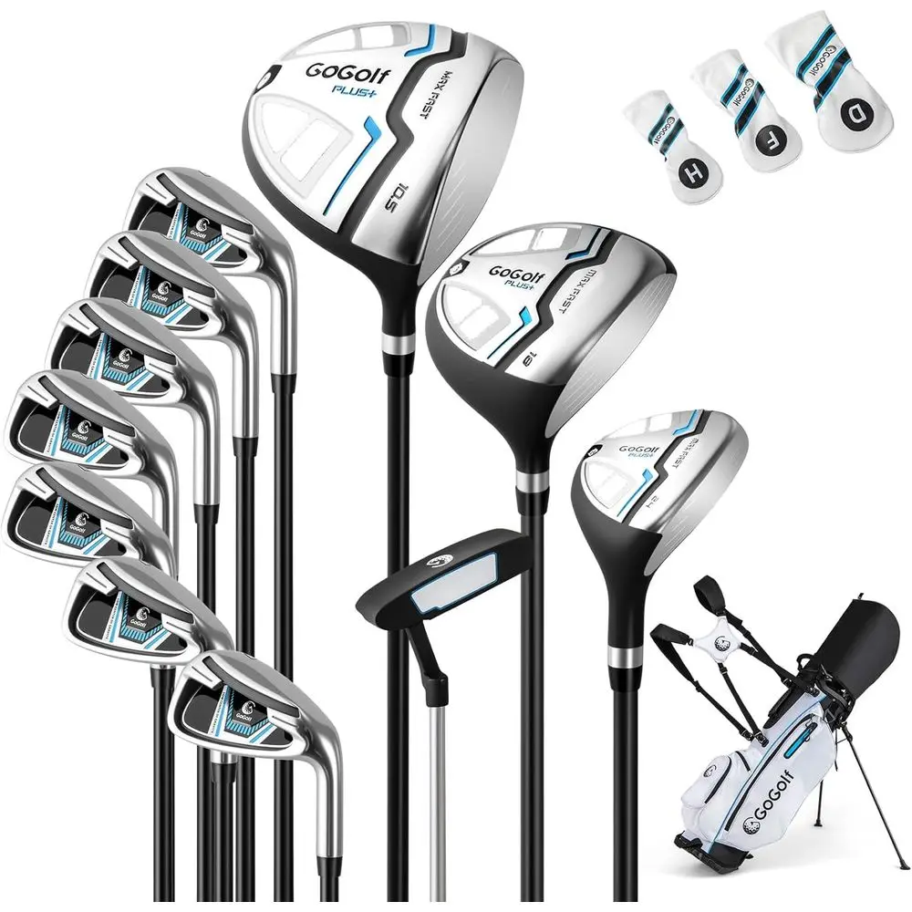 Complete Golf Club Set Right Hand, 460CC Driver, Hybrid, Irons, Putter, Bag & Rain Hood